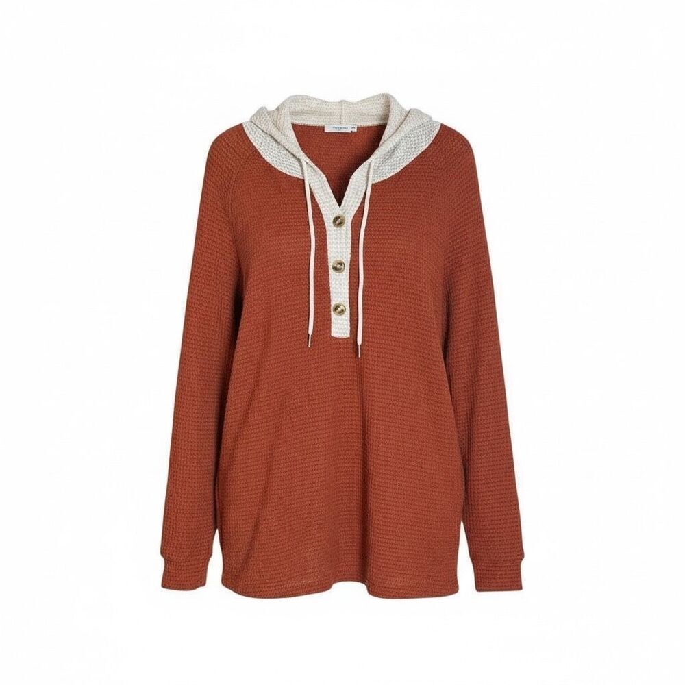 Waffle Knit Colorblock Long Sleeve V-Neck Hooded Sweatshirt Rust‎ Ivory Size 1XL